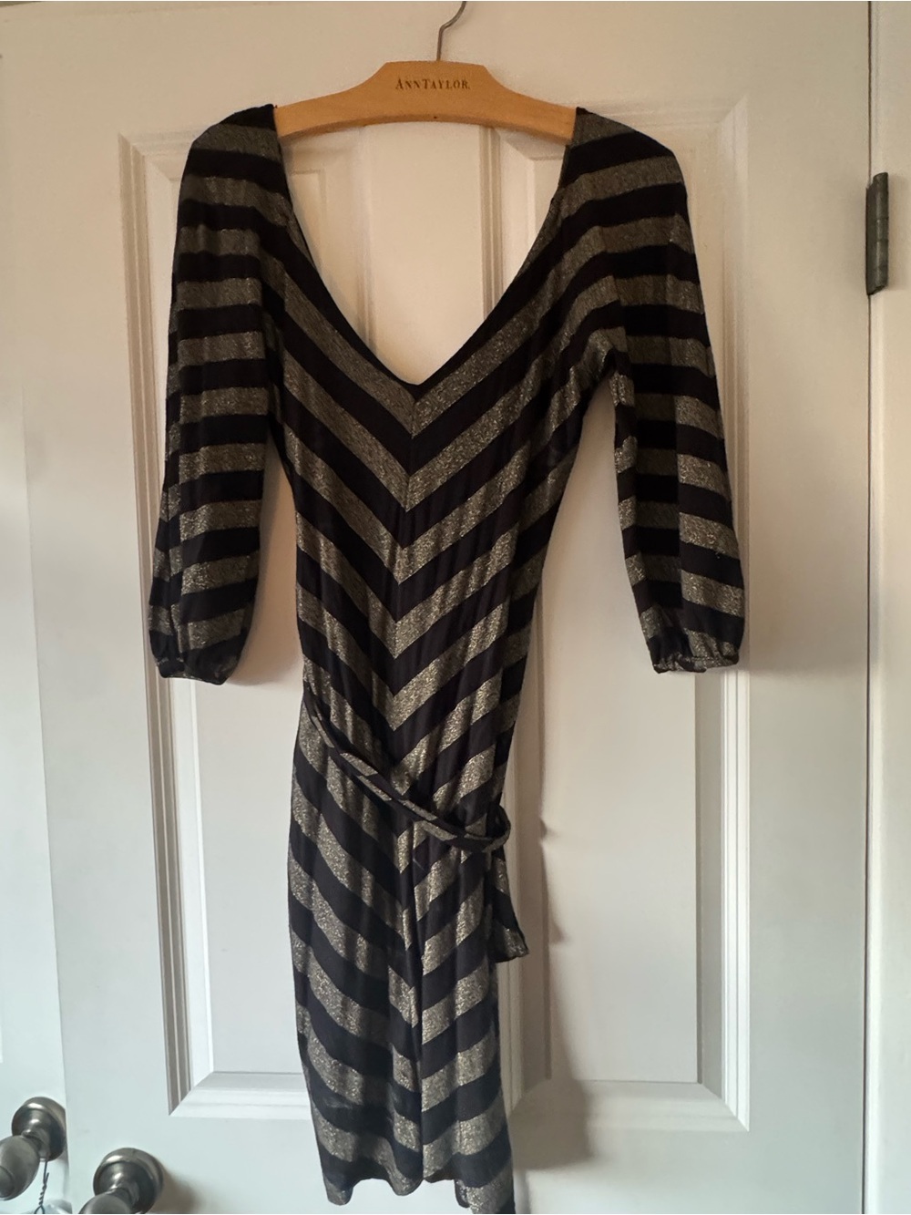 bebe Black and Silver Striped V-Neck Long Sleeve Dress